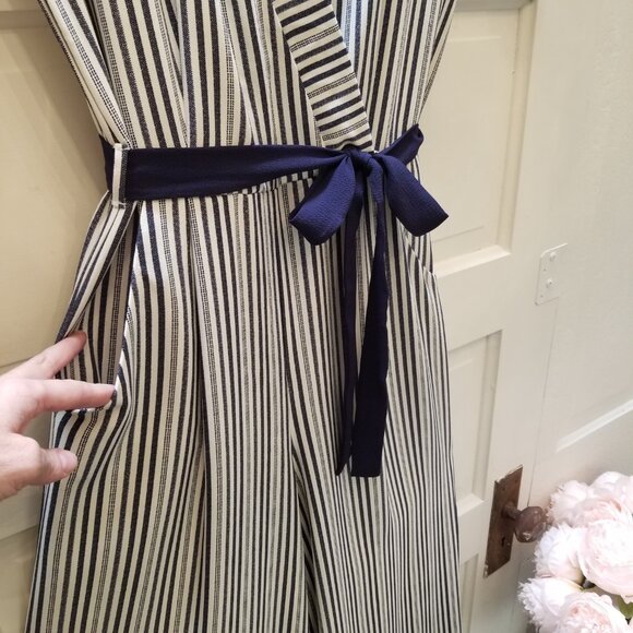 Monteau Navy Striped Short Sleeve Jumpsuit Romper w/Belt & Pockets * Size Large - Picture 4 of 8